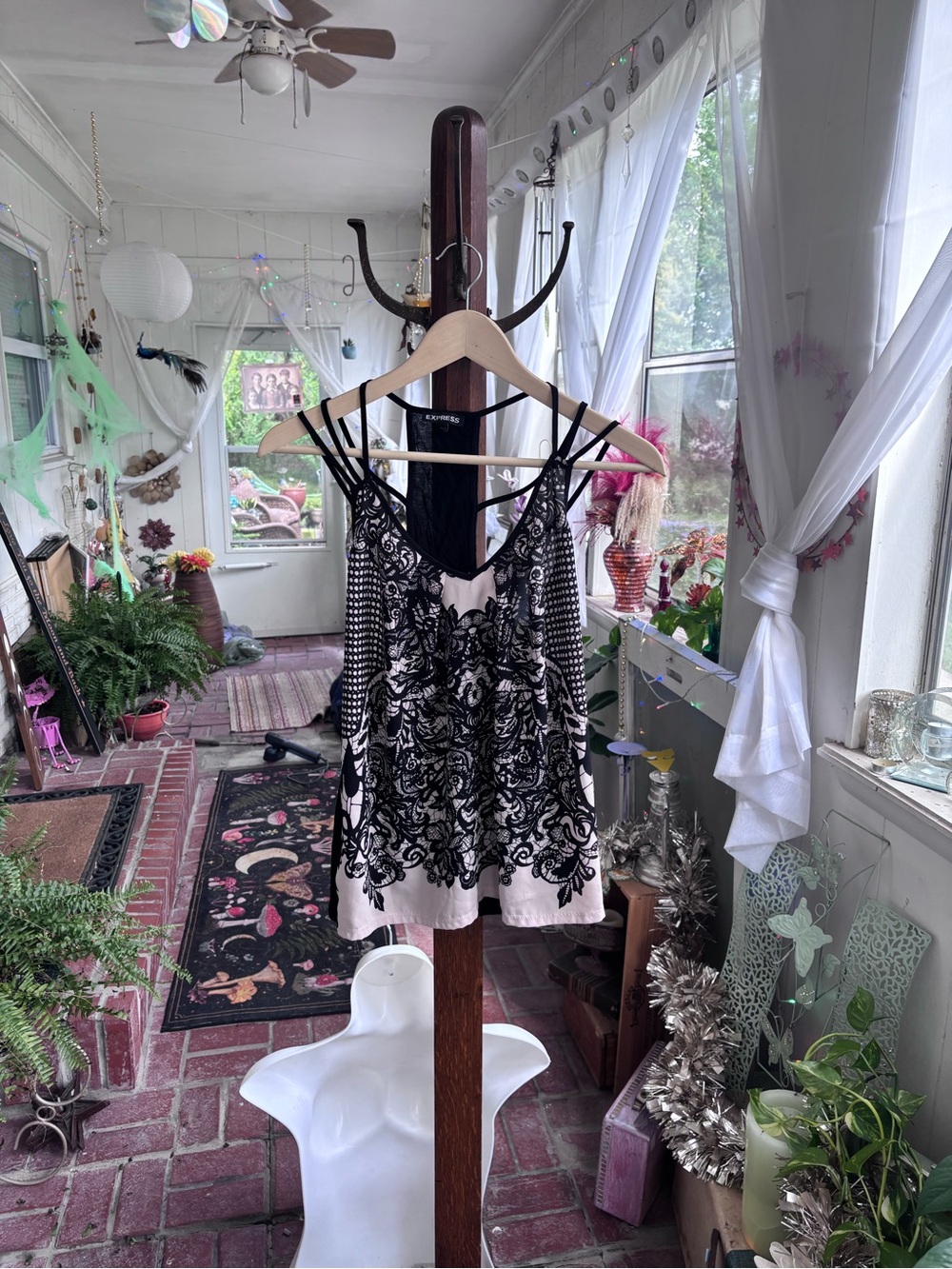 Express Black Lace-Overlay Cream Cami with Strappy Back